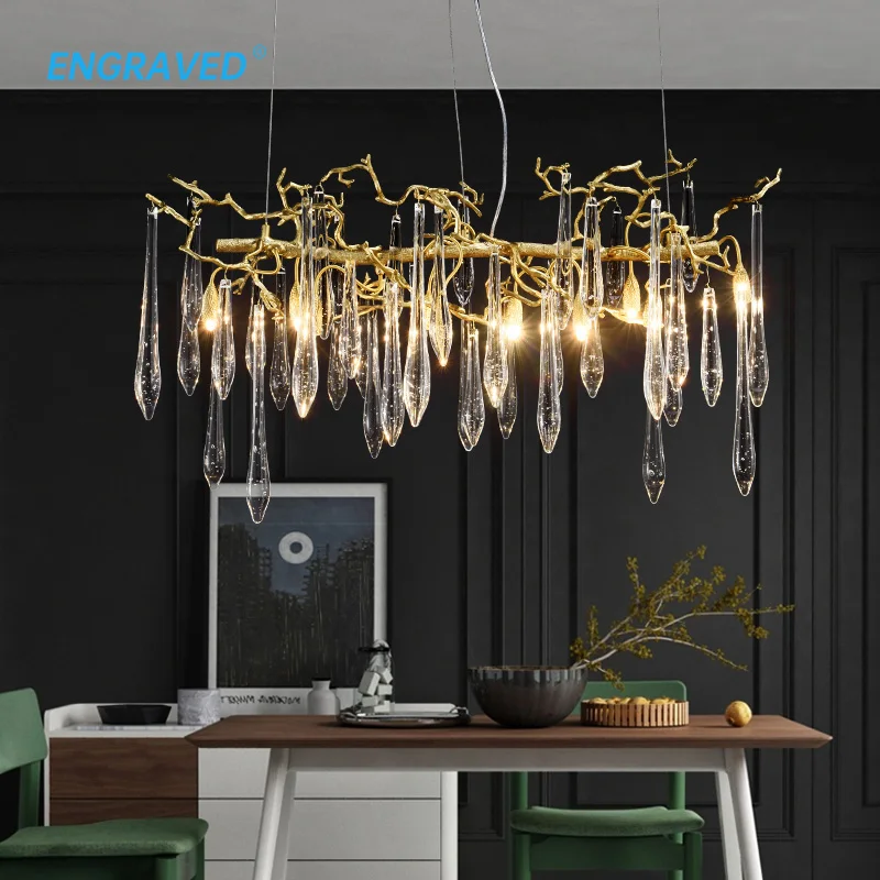 

Creative Tree Branch Lamp Long Copper Chandelier for Dining Room Restaurant Crystal Kitchen Island Decorative Lighting Fixture