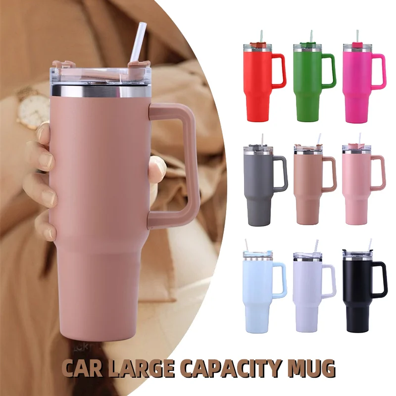 

40oz Straw Coffee Insulation Cup With Handle Portable Car Stainless Steel Water Bottle LargeCapacity Travel BPA Free Thermal Mug