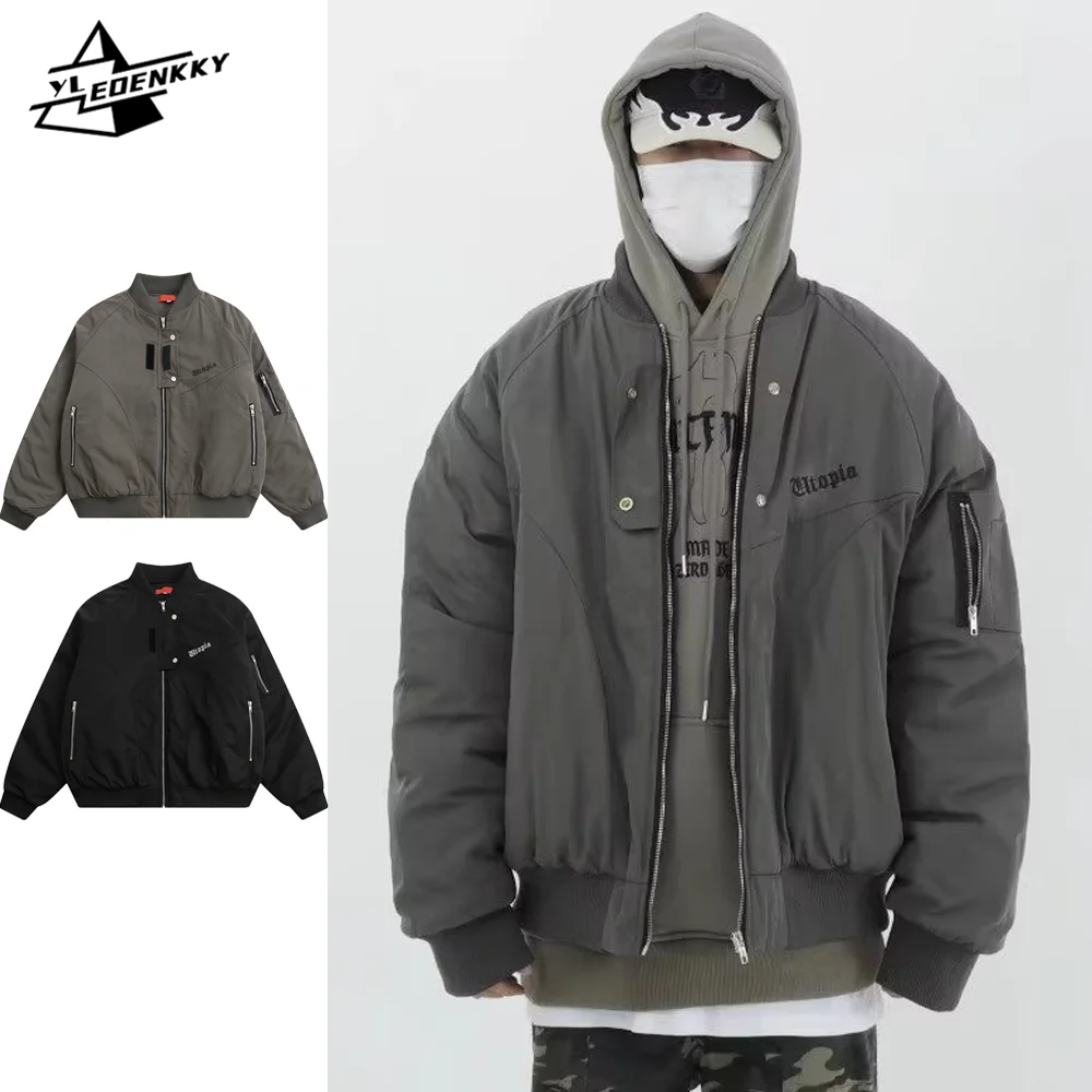 

High Street Bomber Jacket Men Women Vintage Embroidered Design Baseball Uniform Harajuku Hip Hop Zipper Trim Coat Couples Unisex