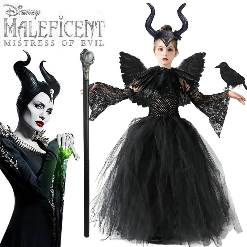 disney halloween costume maleficent tutu wednesday dress for girls cosplay evil queen black mesh princess dress kids new vestido