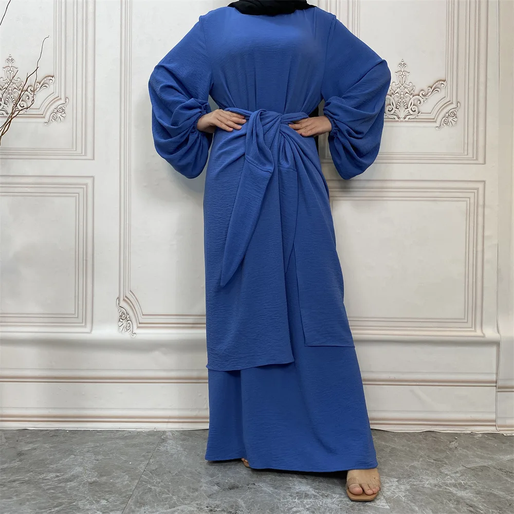 Bubble Crepe Abaya Dress Two Piece Muslim Sets Dubai Islam Turkey Evening Dresses for Women with Front Wrap Skirt Kaftan Robe