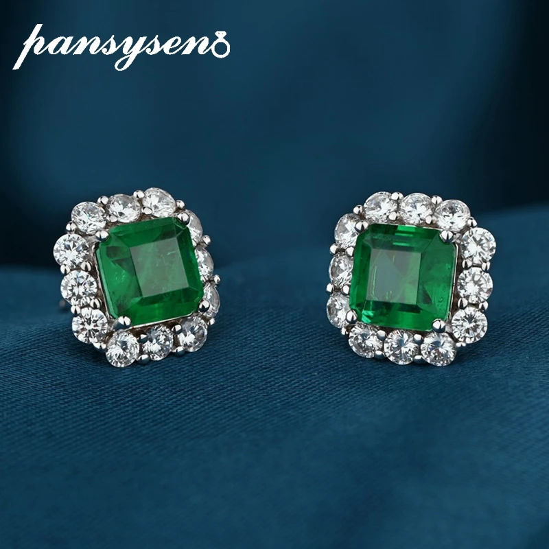 

PANSYSEN Luxury 925 Sterling Silver Emerald Simulated Moissanite Diamond Anniversary Party Women Stud Earrings Fine Jewelry Gift