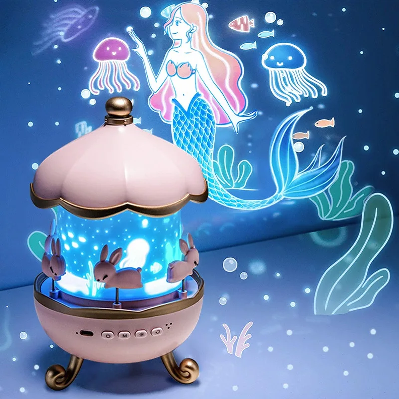 USB Star Projector Toy Music Box Night Light Mermaid Cartoon Universe Ocean Sleep Aid Bluetooth Audio Children Pink Princess