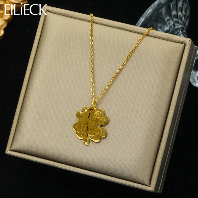 

EILIECK 316L Stainless Steel Gold Color Four Leaf Clover Pendant Necklace For Women Girl Trendy Jewelry Lady Gift Party collier