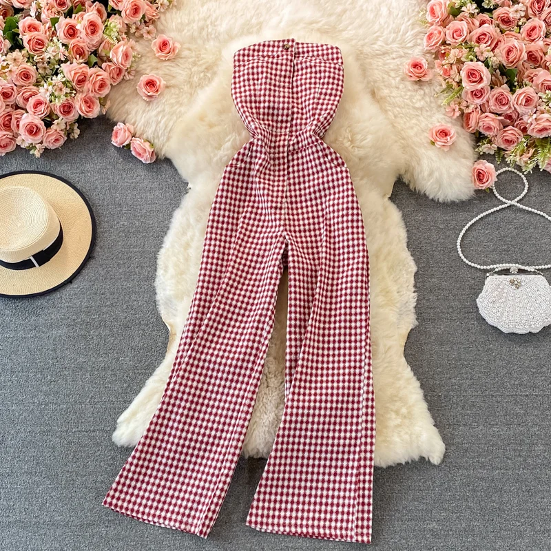 Летний модный повседневный женский черно-белый клетчатый комбинезон с открытой