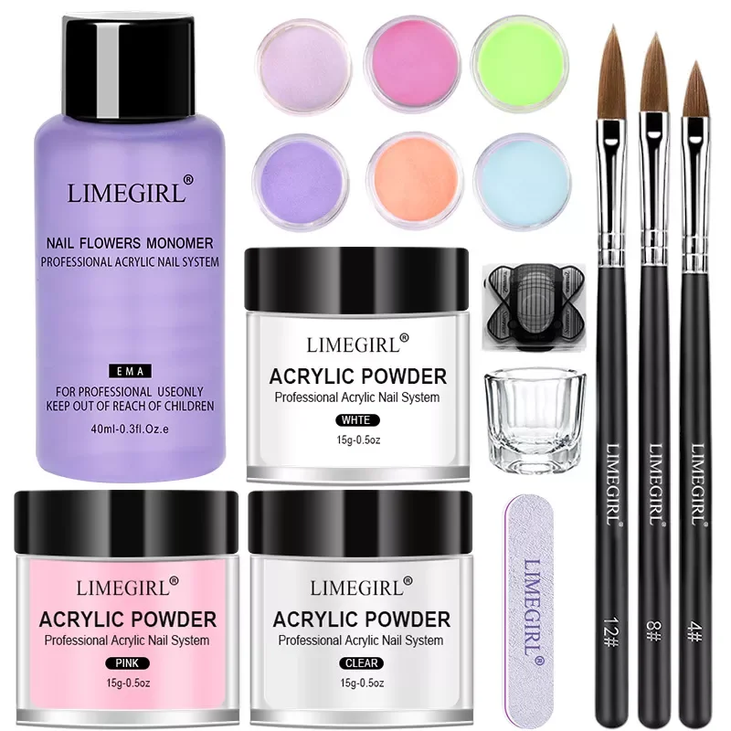 

Nail Acrylic Powder Set Crystal Glitter kit Acrylic Liquid Monomer with Nail Brush File Nails Extension Neon Phosphor-Powder Set