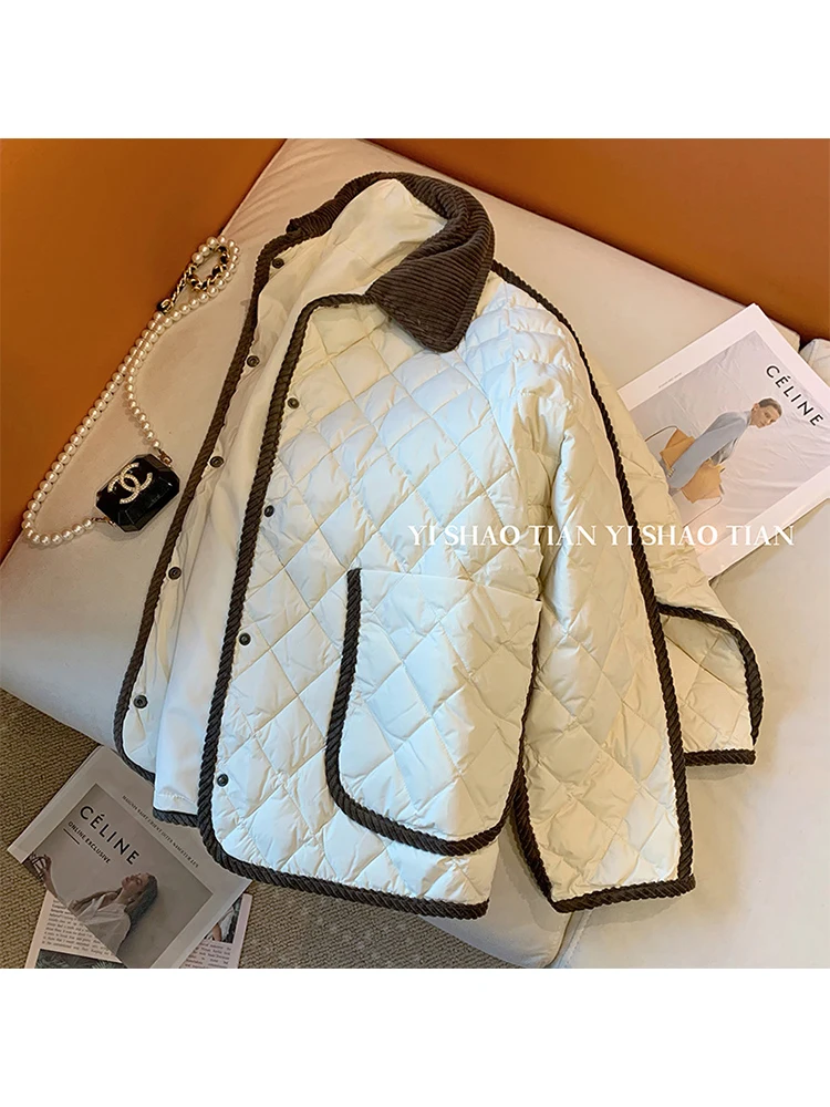 

Women Winter Lapel Patchwork Parka Fashion Loose Casual Down Jacket Single Breasted Lady Cotton Padded Coat Warm Thicken Chic