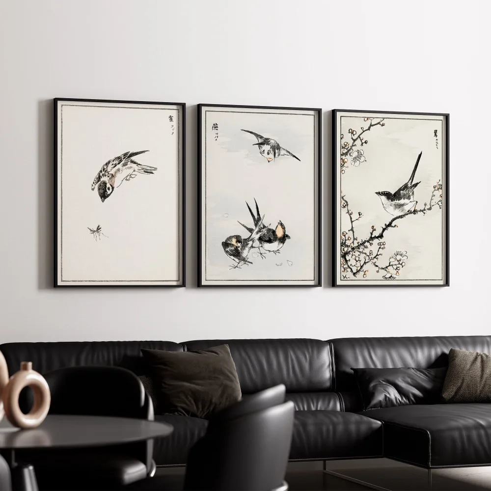 Минималистичные черно-белые плакаты ласточки на канве