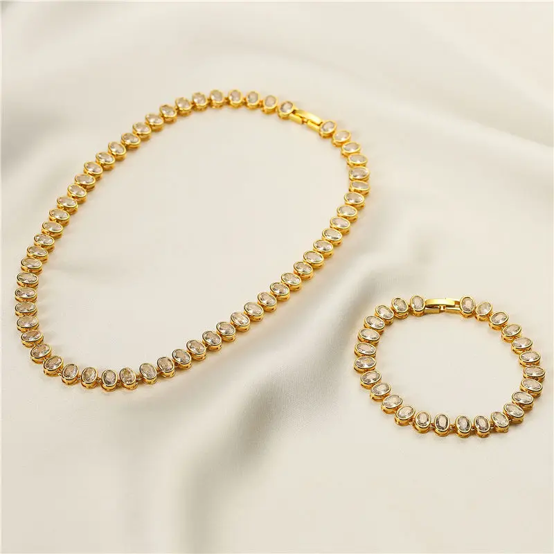 

HECHENG,Oval Sparkling CZ Charm Bracelets Necklace for Women Girls 18K Gold Plated Tennis Cubic Zircon Bohemia Beach Jewelry Set