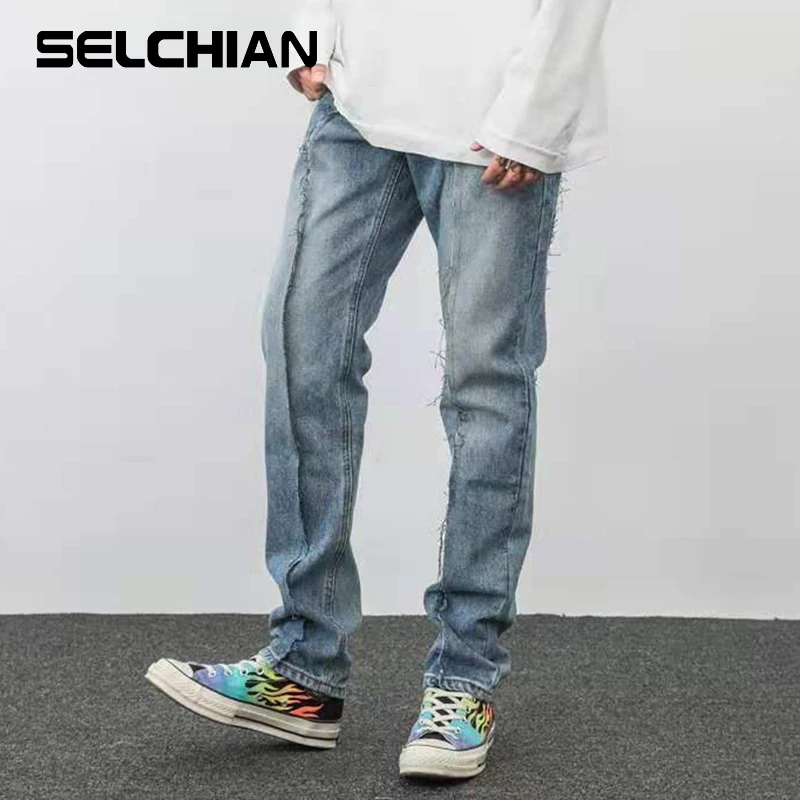 

High Street Raw Edge Deconstruct Disassemble Spliced Mens Jeans Pants Straight Washed Oversize Vibe Style Denim Trousers