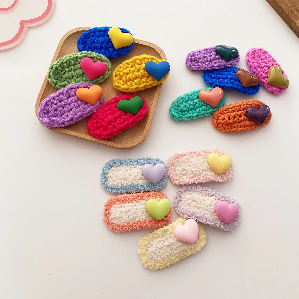 

5PCS Set Autumn Winter Bright Color Wool Knitting Love Heart Hair Clips For Baby Girl Children Oval Plush Side Hairpin Headwear