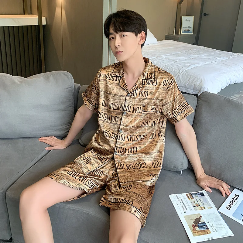 Ice Silk Pajamas for Men New Summer Lapel Short-sleeved Thin Pajamas Set Large Size Homewear Suit Sleepwear Loungewear Nightwear