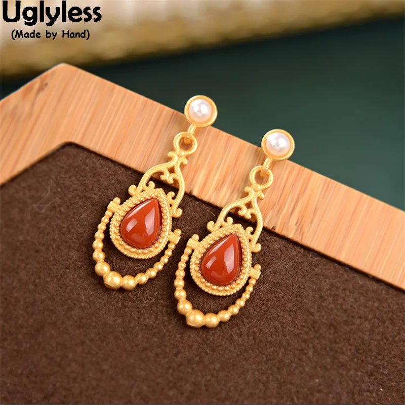 

Uglyless Water Drop Vintage Hollow Agate Earrings for Women Natural Pearls Brincos Gold 925 Silver Retro Dress Earrings Gemstone