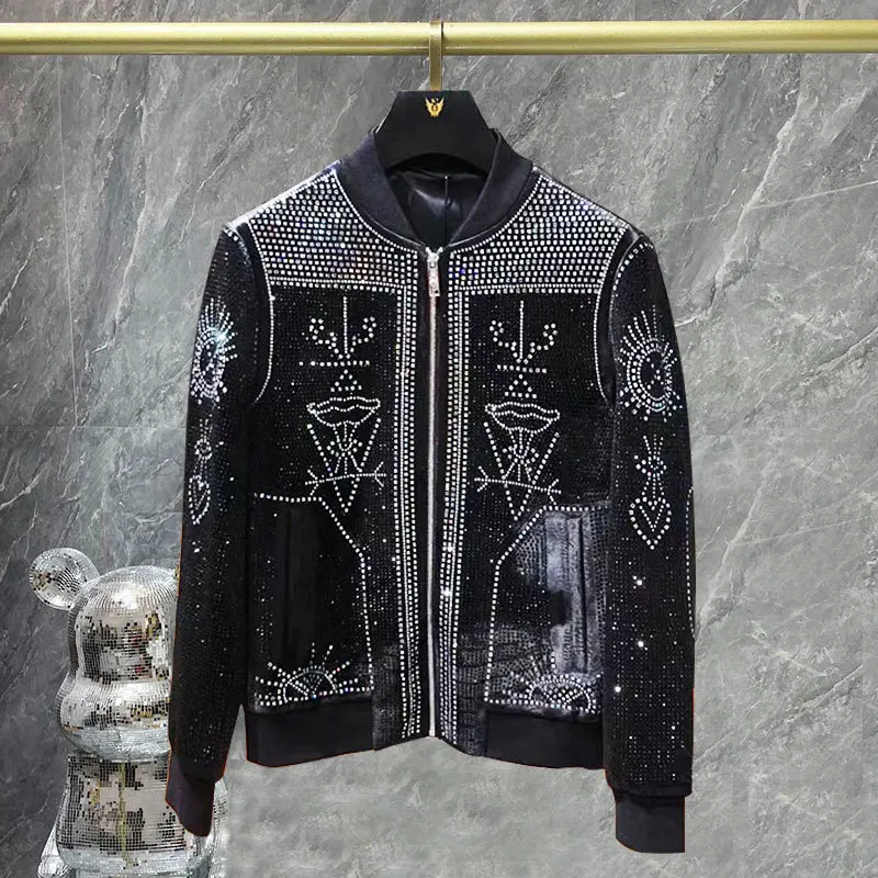 

Black High Quality Luxury Full Rhinestones Jacket Men Jacket Coat Hot Drill Punk Club Outfit Jacket Jaqueta Bomber Diamond