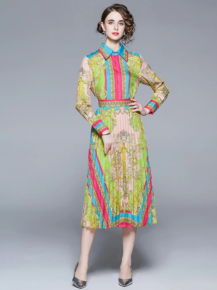 

Spring Runway 2 Piece Skirt Set Women's Turn Down Neck Long Sleeve Shirts and Pleated Skirt Vintage Outfits for Women N1033