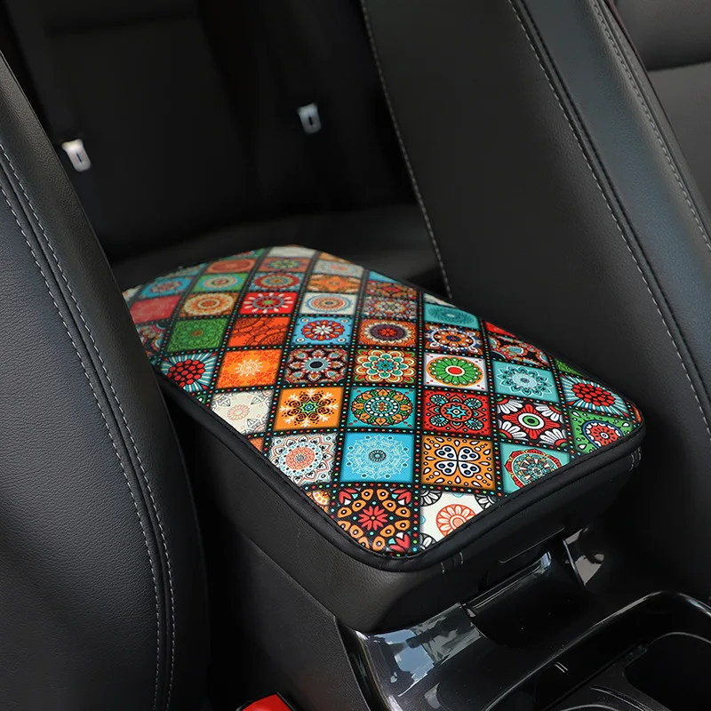 

Car Armrest Cover Mat Universal Leather Ethnic Style Print Waterproof Non-slip Storage Box Pad Auto Styling Interior Accessories