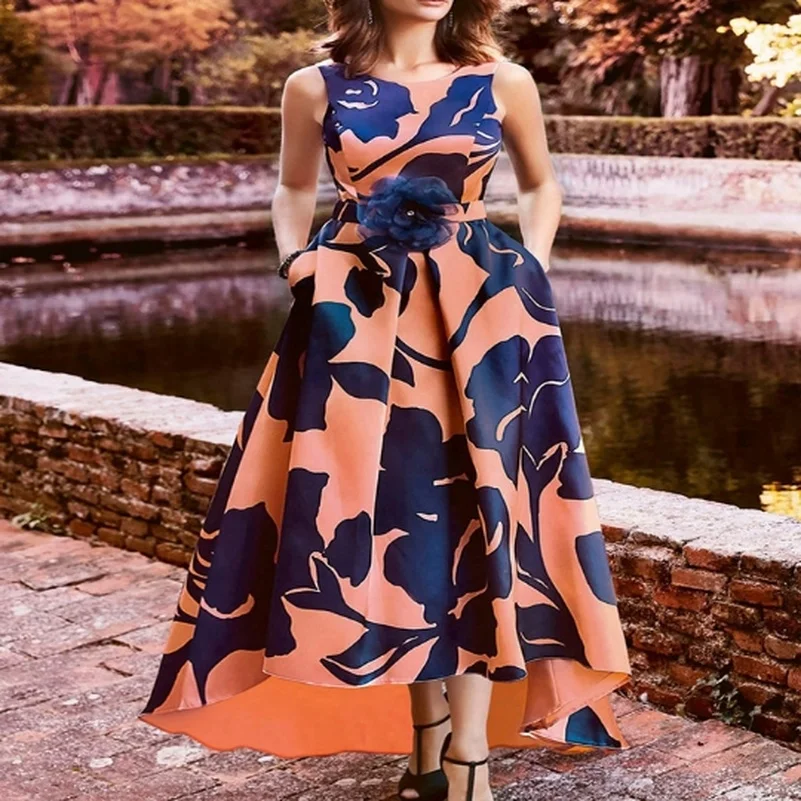 

Elegant Women Vintage Print Maxi Dress Tank Puffy Big Swing Dresses with Pocket Floral Belt Chic Robe Summer Night Event Clothes