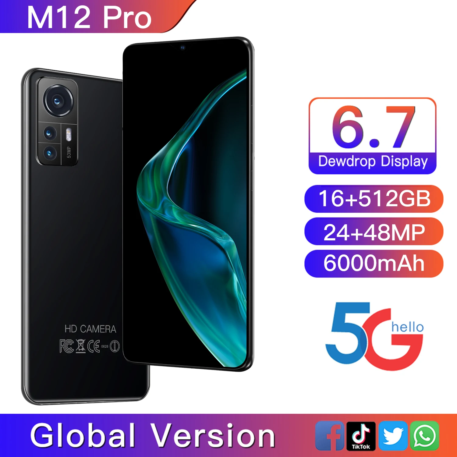 

2022Global Version M12 Pro Smartphone 16GB 512GB Android 11 Celular 48MP Camera 6000mAh Face ID Unlocked 5G Phone Mobile Phones
