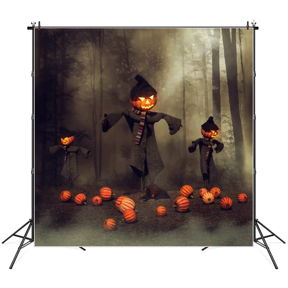 

Forest Pumpkins Scarecrow Halloween Photography Backdrops Boys Fog Night Withered Tree Home Studio Decoration Photo Backgrounds