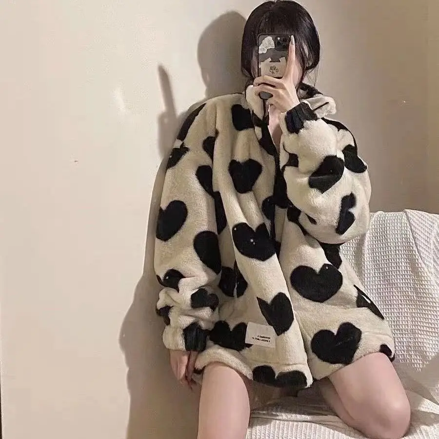 

Korean Winter New Fashion Coat Harajuku Heart Print Loose Full Sleeve Lambwool Jacket Vintage Flannel Keep Warm Cotton Clothes