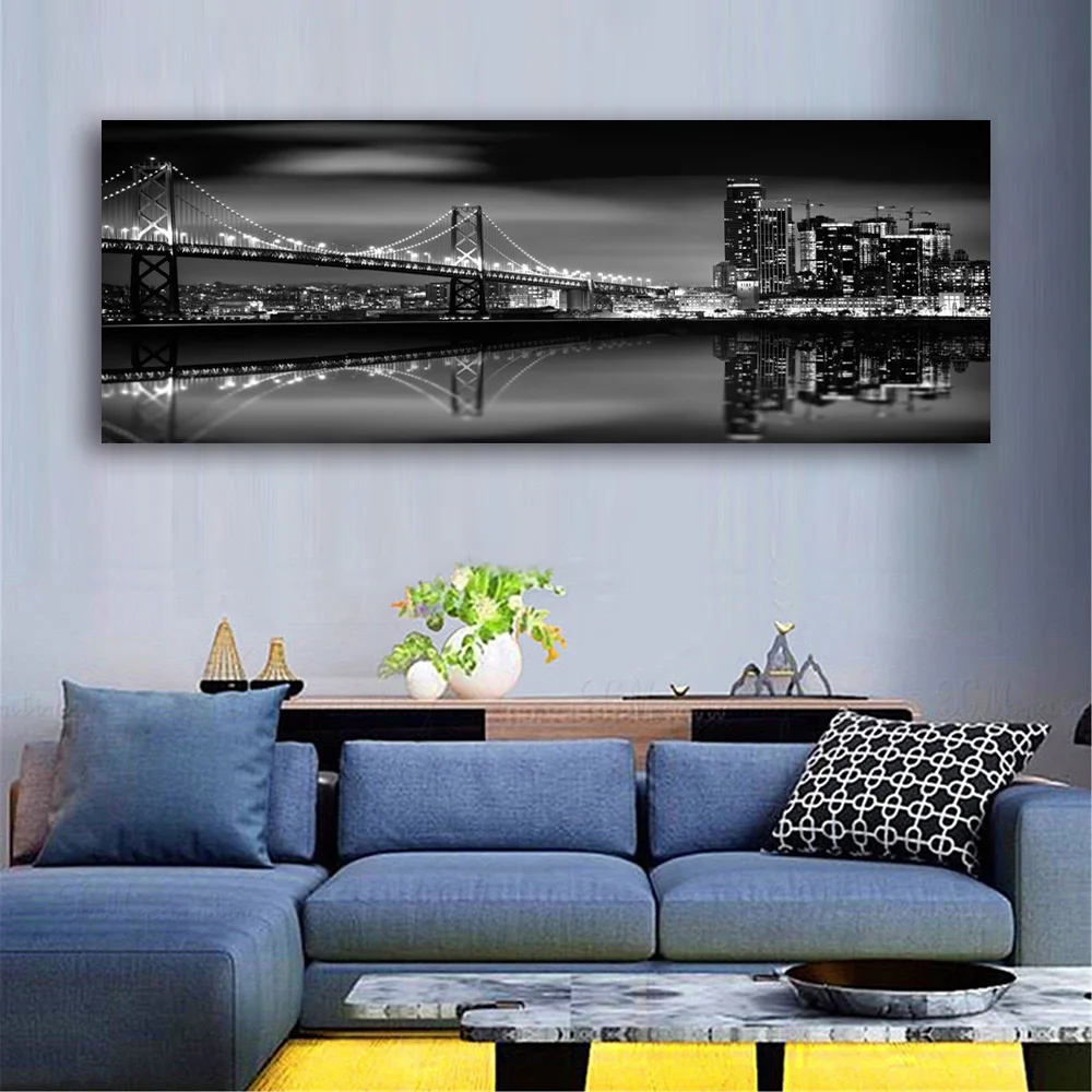 Черно-белая Настенная картина с изображением ночного вида Бруклина моста пейзаж