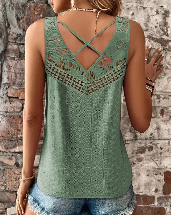 

V-Neck Eyelet Embroidery Crisscross Lace Patch Tank Top