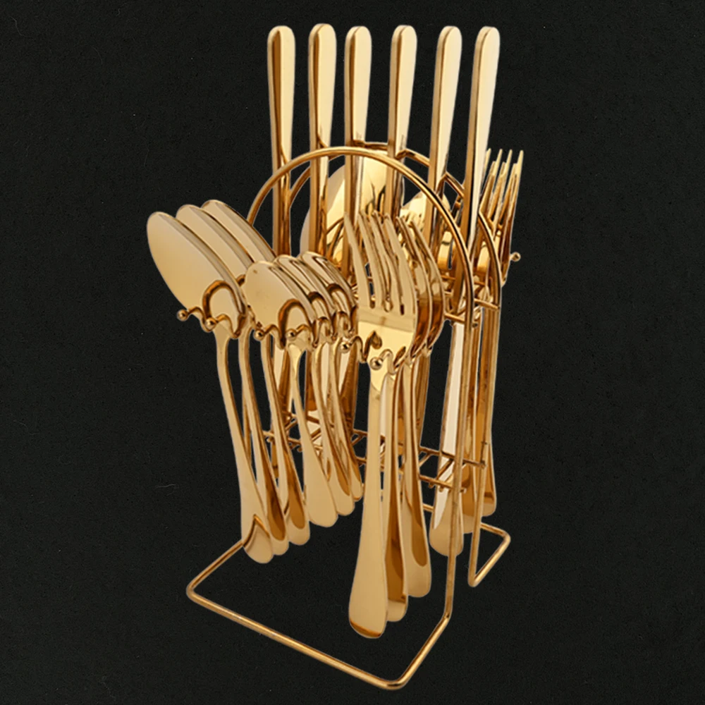 

Mirror Luxury 24Pcs Gold Cutlery Set Stainless Steel Dinnerware Tableware Knife Fork Spoon Kitchen Flatware With Storage Rack