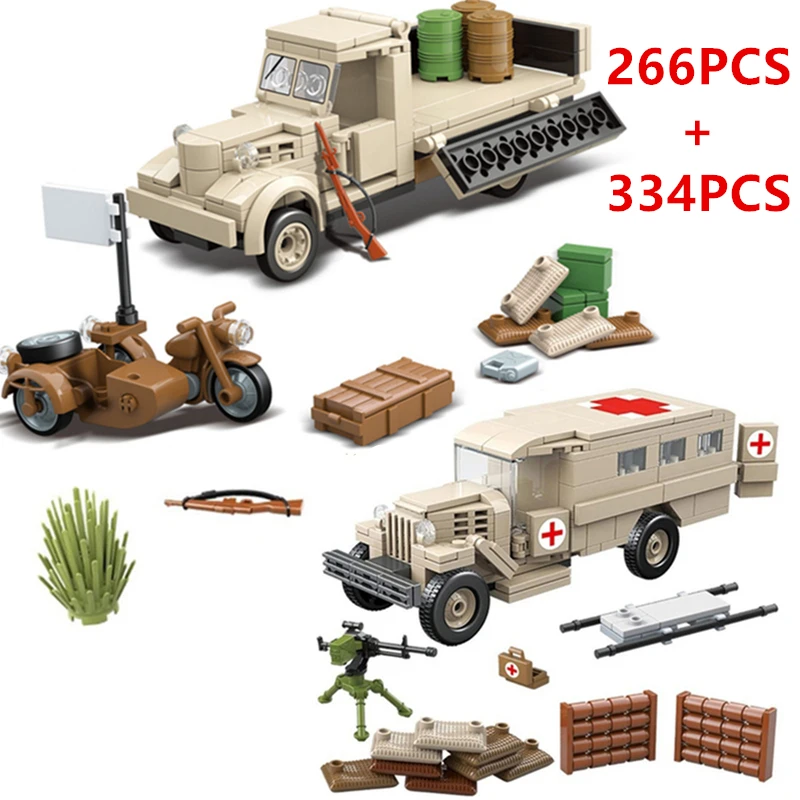 

WW2 German Military Truck Blocks Wars Bricks Car Tank Soldier Technical Russian Army Building Toy for Children Boy Birthday Gift