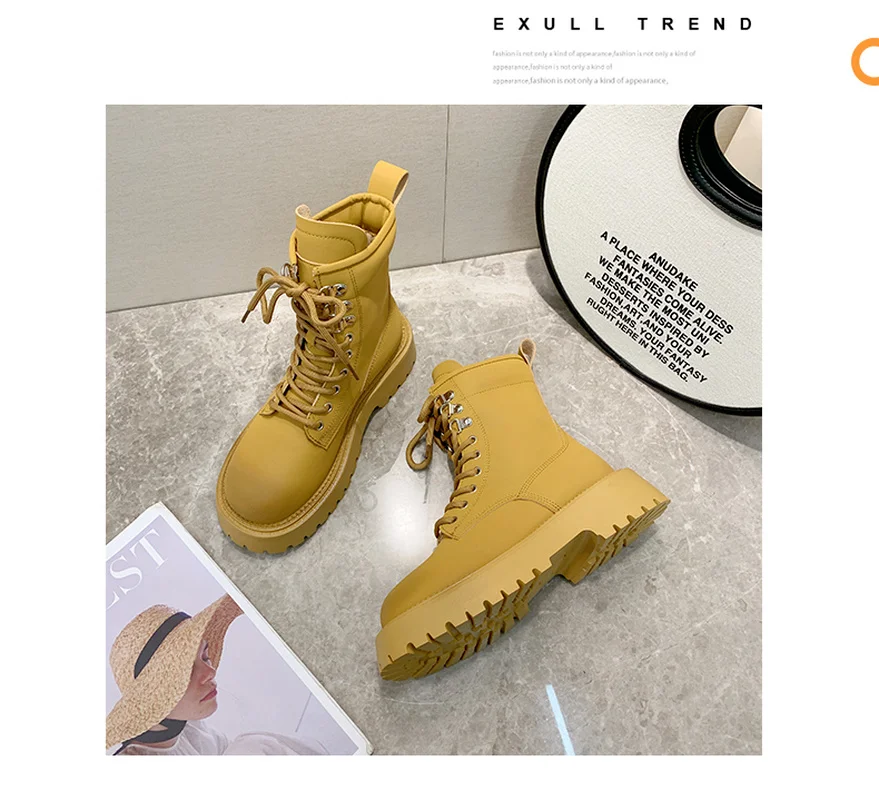 2022 Spring Cow Leather  Boots Female Casual Boots Fashion Preppy Style Women's Shoes Platform Heels Lace-Up New