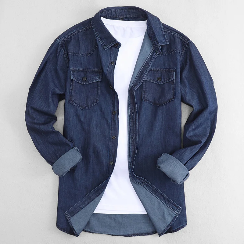 Workwear Thin Denim Fashion Street Casual Long Sleeve Pocket Work Basic Shirt Top FM4017