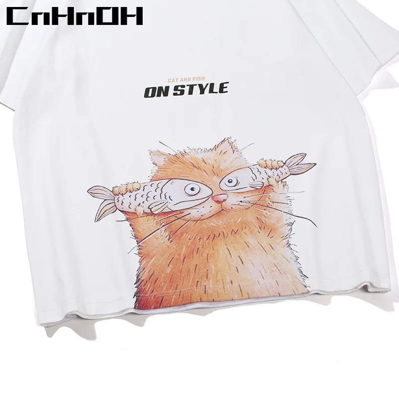 CnHnOH Women's T-sleeve 2022 Summer New Round Neck Cotton Cat Print Loose Short-sleeved T-shirt