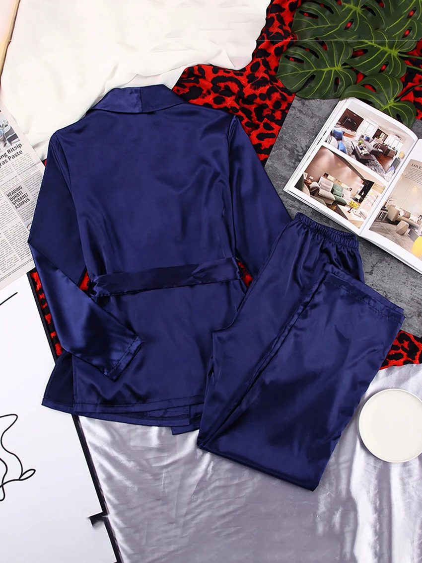 Marthaqiqi Loose Long Sleeve Women'S Pajamas Sets Satin Lace Up Robe Sleepwear Sexy V-Neck Nightwear Wide Leg Pants Women Pajama