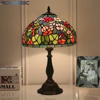 BOCHSBC tiffany style desk light red rose pink orchid green leaf stained glass table lamp handcraft home decor 12 Inch lampshade