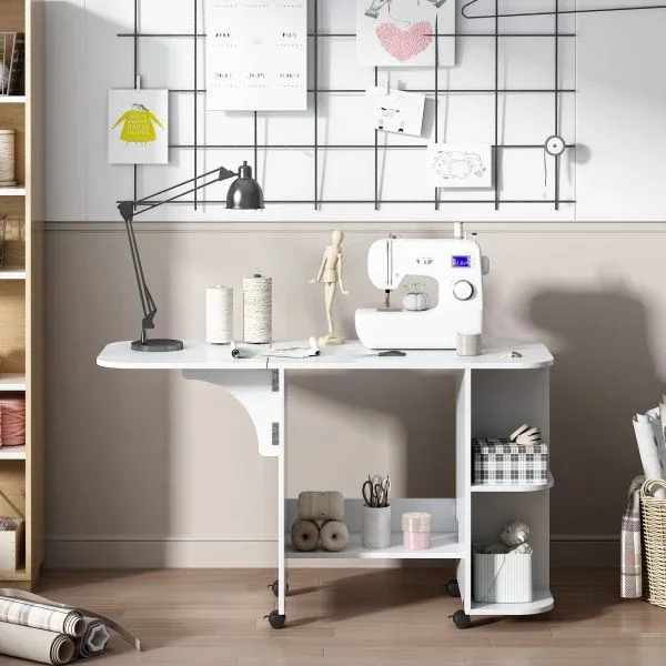 

Modern Wood Folding Sewing Table with Lockable Casters, Expanded Rolling Craft Cabinet for Dorm Bedroom, Artwork Craft Station w