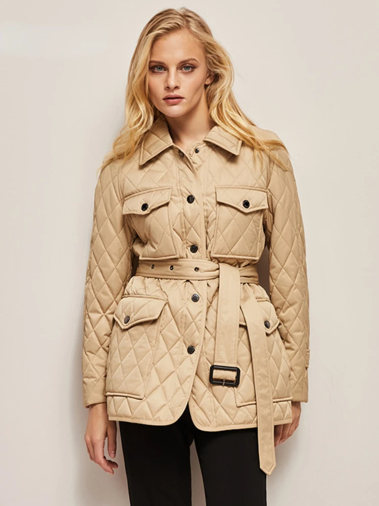 Autumn Winter Fashion Khaki Argyle Lapel Jacket with Belt 2022Women's Loose Parka Coat Vintage Thin Ladies Oversize Coat Outwear