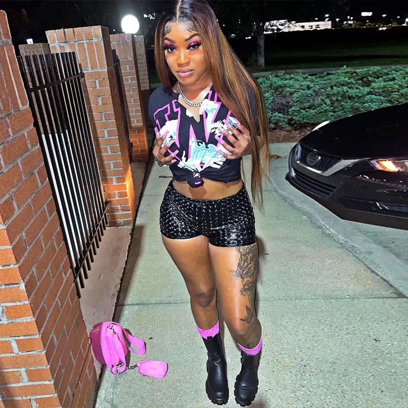 Women's 2023 summer new fashion PU Ringer casual pants shorts