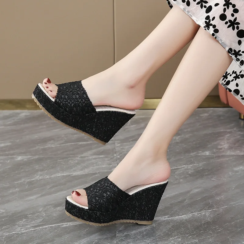 Wedge Heel High Heel Women's Shoes Fashion Fish Mouth Slippers Summer Lace Platform Sandals Plus Size 42 Women's Shoes
