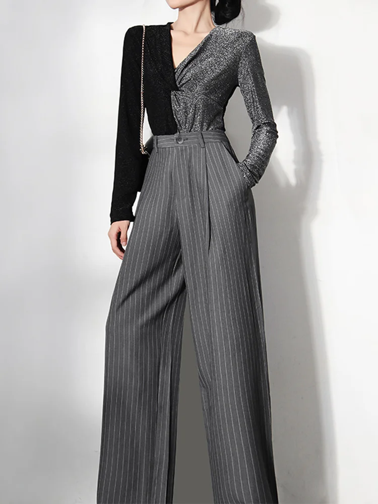 Retro High Waist Loose Vertical Striped Wide Leg Pants Straight Trousers Office Lady Fashion 2022 Spring Summer  B973