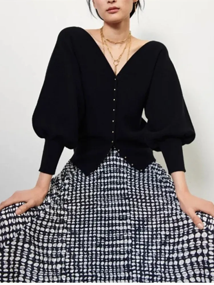 

Women Sweater Knitted Lantern Sleeve Single Breasted Cardigan Causal