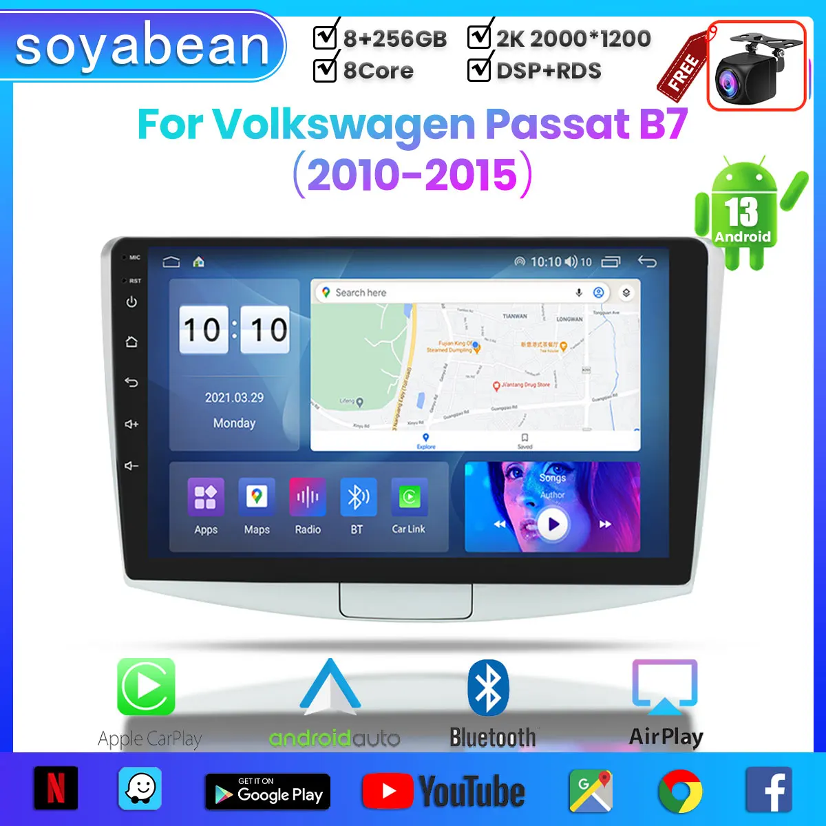 

Автомобильный радиоприемник на Android 13 для Volkswagen Passat B7 2010-2015, 10 дюймов, 2K мультимедийный плеер с 4G Car Carplay и 2Din GPS