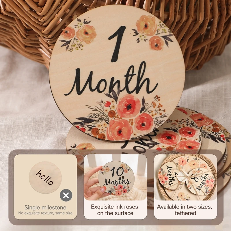 1Set Wooden Baby Milestone Cards Double Sided Flowers Monthly Milestone Cards Pregnancy Markers Newborn Photography Props