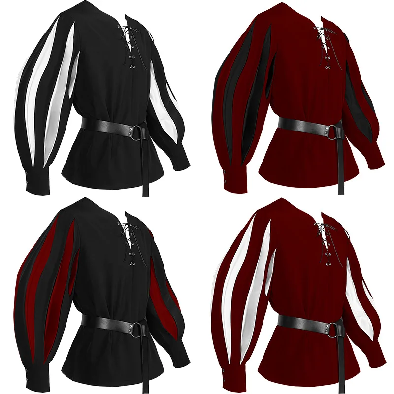

European and American retro medieval drama performance attire color matching tie up collar shirt cosplay top
