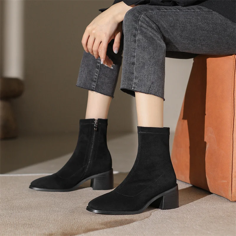2023 Women Ankle Fashion Boots Office Ladies Slim Leg Concise Mature Thick Heels Shoes Autumn Winter Female Boots