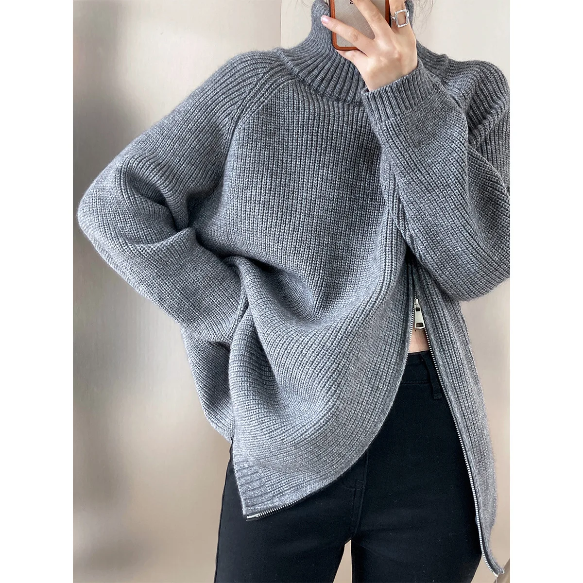 

Fashion Design Sense Double-headed Oblique Zipper Turtleneck Sweater Women's Autumn And Winter Temperament Lazy Casual Knitwear