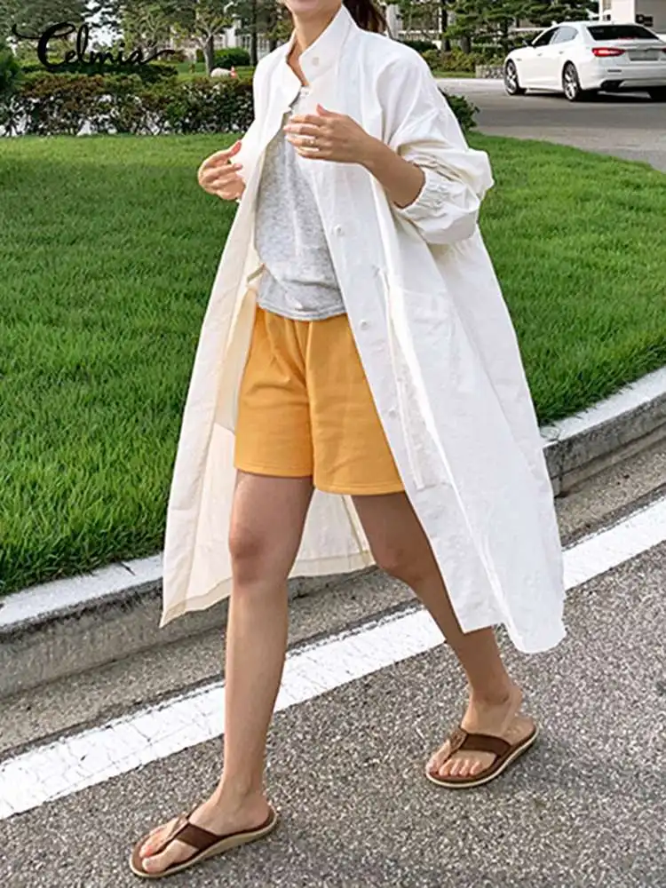 

Легкий Женский Тренч Celmia 2022, однотонная длинная рубашка оверсайз, Повседневная ветровка с длинным рукавом и карманами на шнурке для женщин
