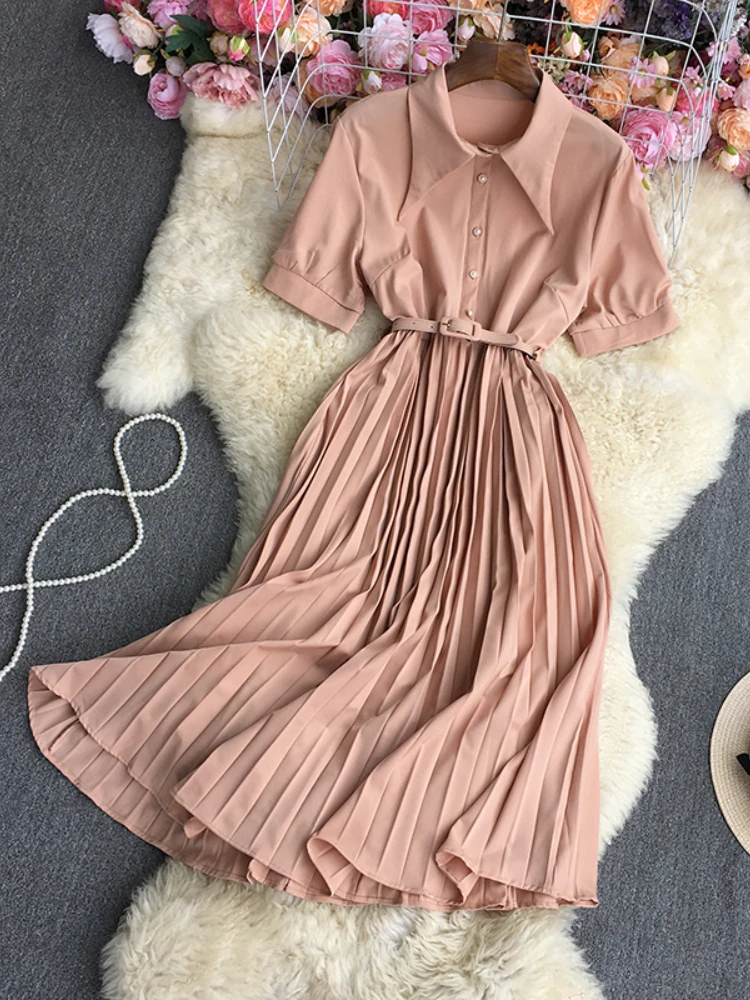 

Fitaylor New Summer Short Sleeve Dress Women Casual Polo Neck High Waist Long Dress with Belt Lady Slim Solid Color A-line Dress