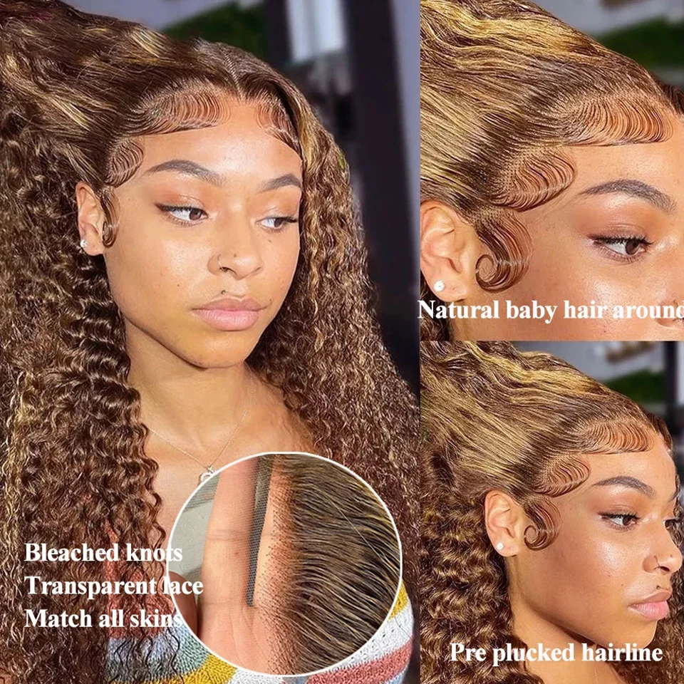 

Highlight Wig Lace Front Wig 13x6 Curly Human Hair Wigs #4/27 Deep Wave Wigs For Women Ombre Deep Wave 13x6 HD Lace Frontal Wig
