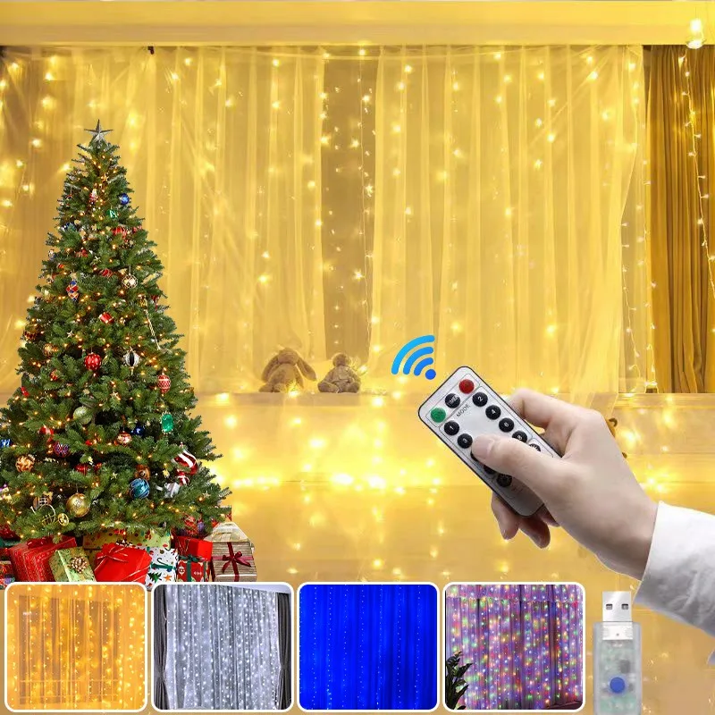 

Christmas Curtain Garland LED Lights String USB Remote Control Fairy Lights Wedding Holiday Decoration for Bedroom Home Outdoor