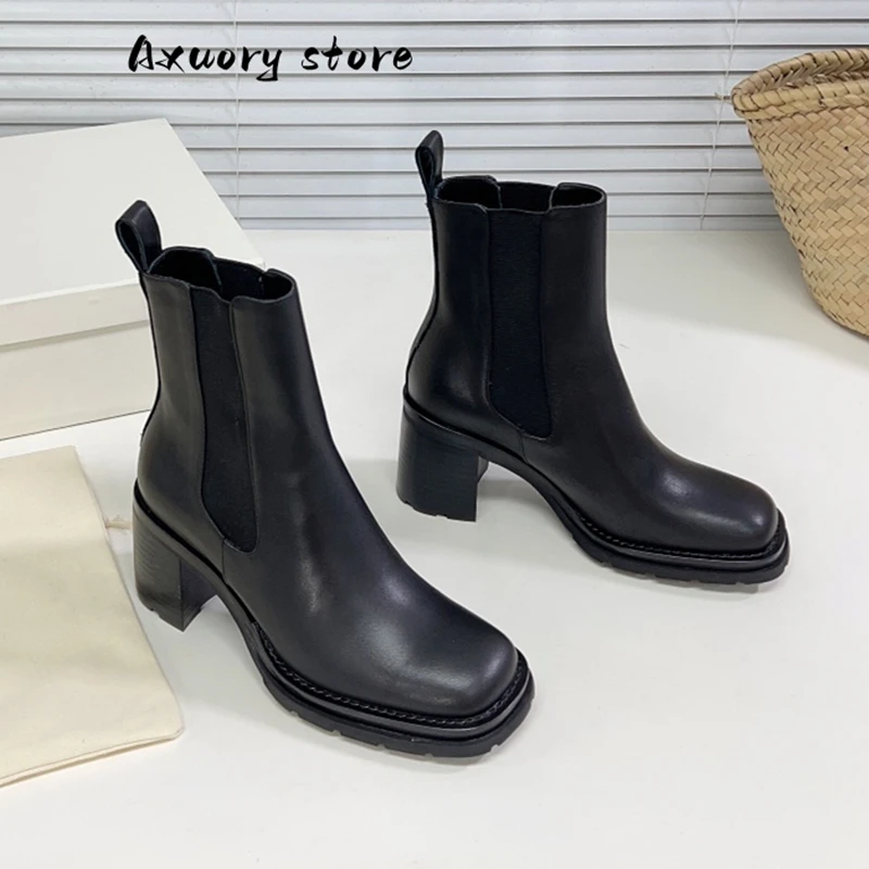 New Black Slip On Shoes Women Short Boots Fashion Winter Ankle Boots For Women Chelsea Boots Chunky Heel