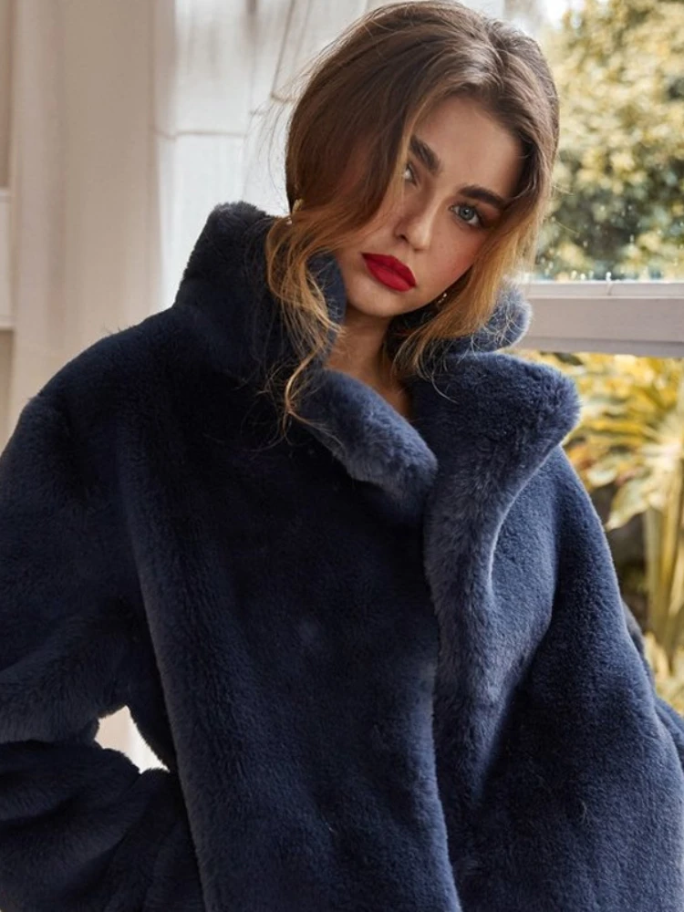 Fashion Lapel Blue Faux Rabbit Fur Jacket Women 2022 New Elegant Ladies High Street Outwear Casual Warm Faux Fur Coats